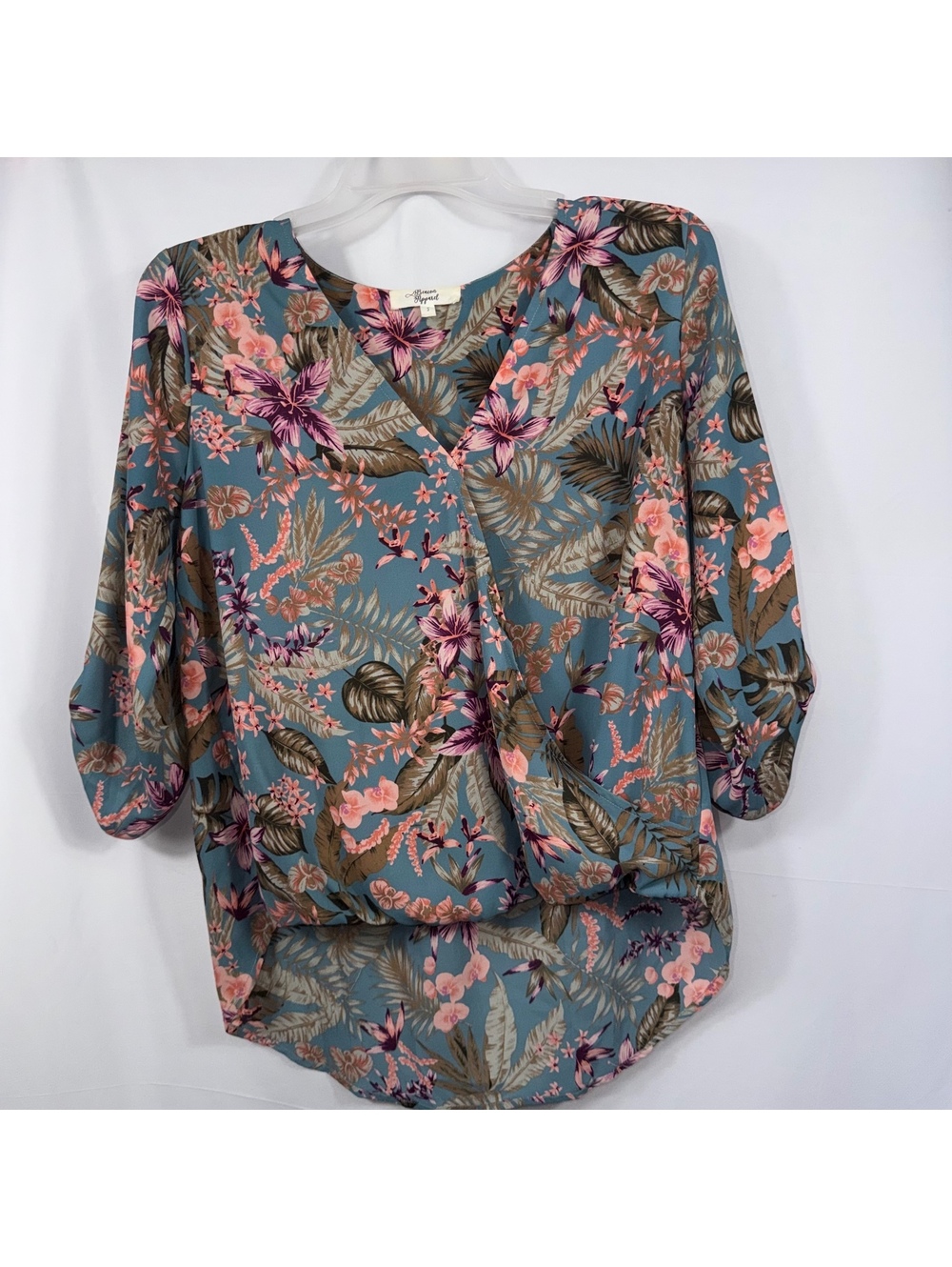 Beacon Apparel Size S Teal Tropical Floral Wrap Blouse